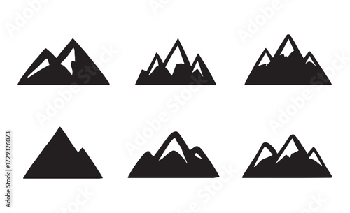 Collection of six stylized black mountain silhouettes diverse peaks symbolizing nature adventure and outdoors