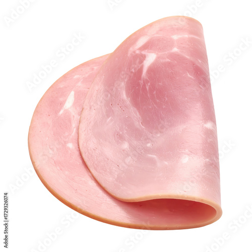 Two slices of processed ham are isolated on a black background, displaying a pinkish-red color, with light shades and highlights, creating a simple food photography composition for culinary, diet,...