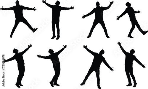 Black silhouette people celebrating with raised arms in joyful dynamic poses, expressing happiness, freedom, success, dance, victory, excitement, positive energy