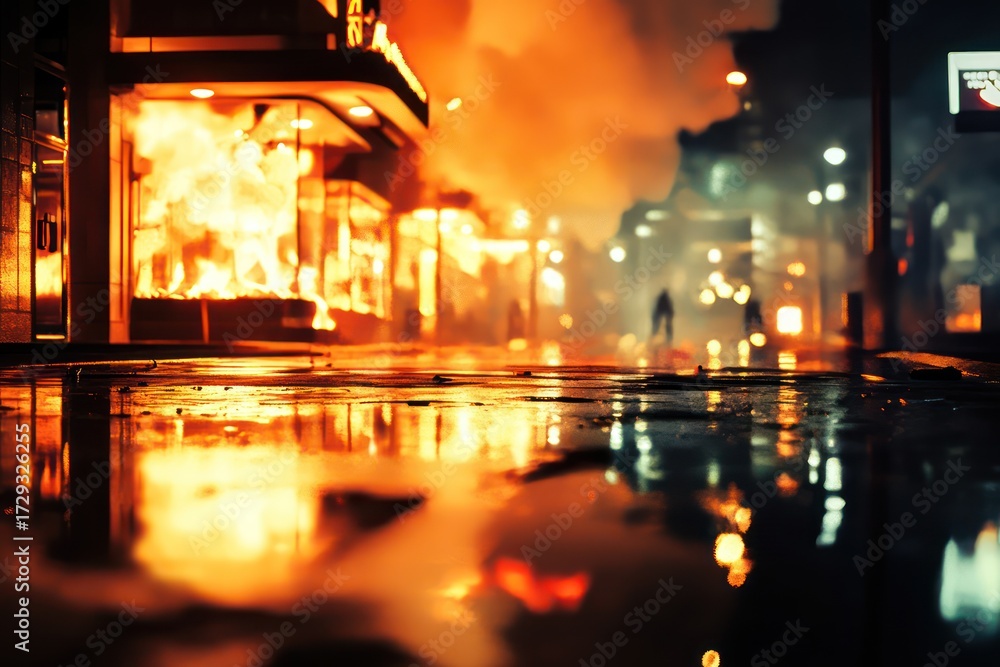 Obraz premium Blurred Burning Shopping Mall Night Cinematic Background