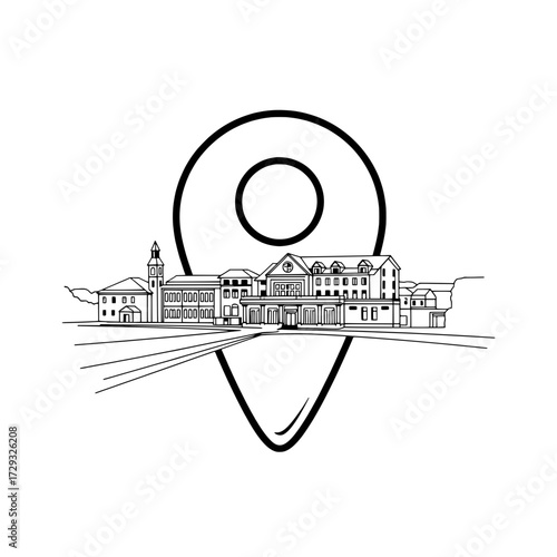 Cityscape Location Icon: An eye-level sketch of a bustling cityscape, integrated into a location pin icon, inviting viewers to discover new destinations and adventures. 