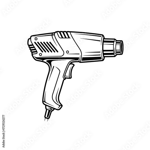Heat Gun Icon: A detailed illustration of a heat gun, showcasing its technical design and robust form in a monochrome graphic.