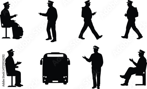 Collection of professional bus drivers and officials silhouettes in various poses, including sitting, walking, and talking for transport and travel concepts
