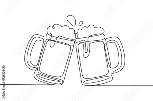 Continuous Line Drawing Toasting Beer Mugs on Isolated Background