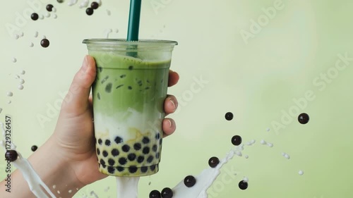 Refreshing green tea beverage with tapioca pearls and milk splash in vibrant scene