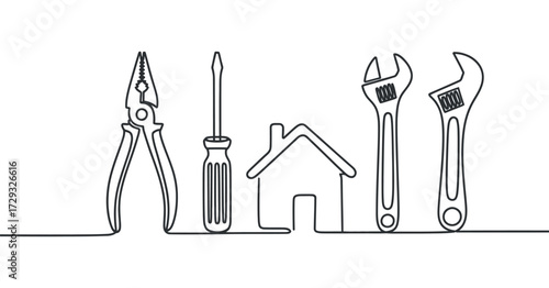 Home Renovation Continuous Line Drawing. Repair Service Concept Vector.