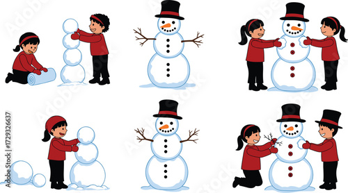 Children building snowman step by step winter activity illustration, festive holiday vector design showing teamwork, outdoor play, decoration and celebration