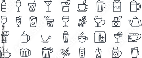 Drink and beverage icons, cups bottles and glasses, black and white line art, minimal drinkware graphics, cocktail coffee visuals, refreshment vector set