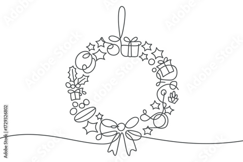 Continuous Line Wreath with Gift and Holly Berry Vector Illustration