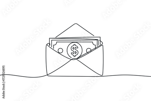Continuous Line Drawing Money Envelope, Investment and Cash. Black Outline