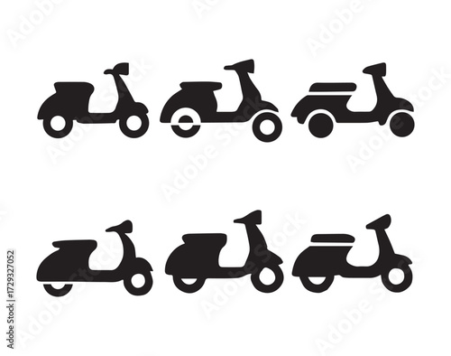 Six black silhouette scooters representing urban mobility and transportation icons set