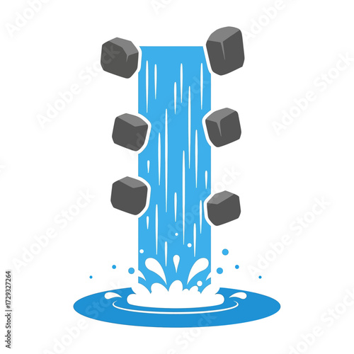 Stylized illustration of a waterfall with gray rocks tumbling down into a splashing blue pool.