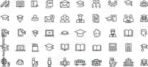 Education and learning icons, academic tools and symbols, black and white line art, school graphics, minimal classroom visuals, student teacher vector set