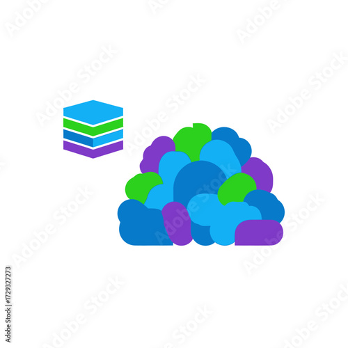 A stack of colorful geometric blocks next to a pile of amorphous shapes in various shades of blue, purple, and green.
