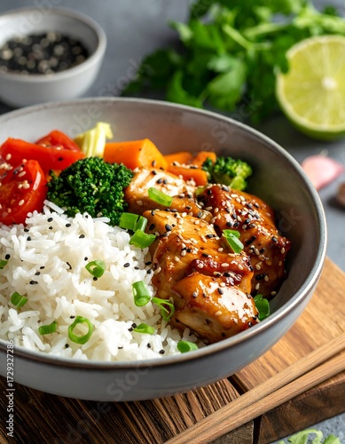 Bowl of rice, chicken, and vegetables