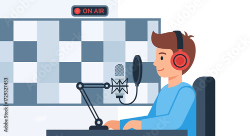 Man Recording Podcast with Microphone and Headphones in Studio.
