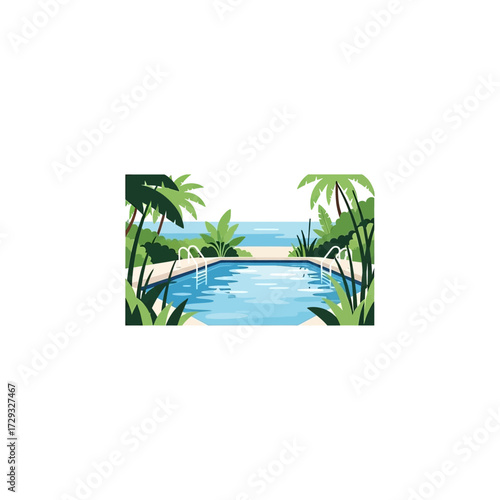 A serene swimming pool set in a lush tropical garden overlooking the ocean.