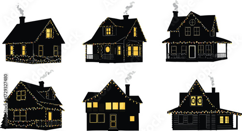 Christmas houses silhouette with festive lights and smoke chimneys, cozy winter holiday vector illustration for decoration, celebration, seasonal design and artwork
