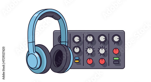 Professional audio gear with blue headphones and mixing console.