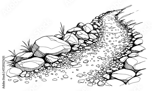 Rocky Hiking Trail in a Hand Drawn Sketch Style