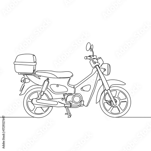 Line art illustration of a moped on a white background  