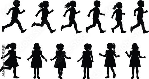 Silhouette children running walking motion, black outline kids activity, athletic movement cycle, walking posture, running action, sports illustration, vector design, child exercise