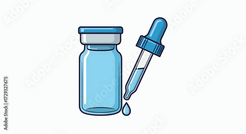 Blue glass vial and dropper with a liquid drop illustration.