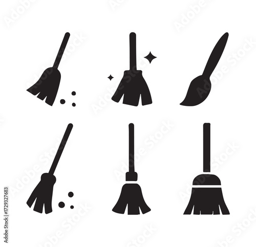 Collection of six black broom and brush icons representing cleaning and sweeping tools for household tasks