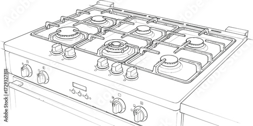 Detailed stove top sketch, cooking appliance, kitchen equipment