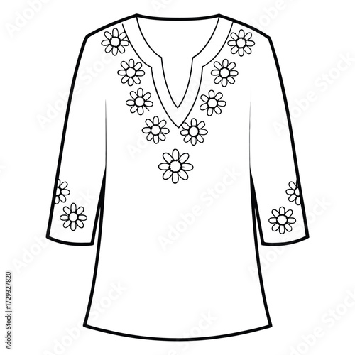 Black and white line drawing of a floral tunic clothing