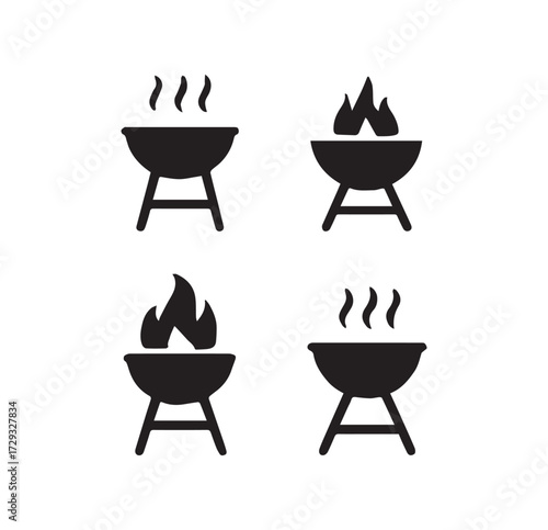 Four simple barbecue grill icons showing heat smoke and flames for outdoor cooking