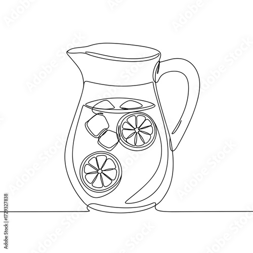 Line art pitcher with lemonade and ice cubes on a table  