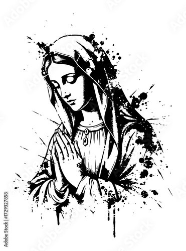 Artistic Sketch of a Praying Virgin Mary black shape vector laser cutting engraving monochrome print