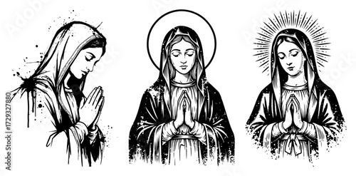 Set of a Praying Virgin Mary Illustrations black shape vector laser cutting engraving monochrome print