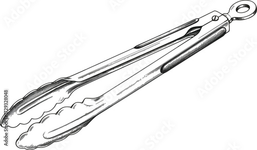 Metallic kitchen tongs, cooking utensil for grilling and serving