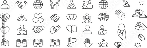 Empathy and compassion icons, human connection symbols, black and white line art, support and unity graphics, minimal care visuals, global kindness vector set