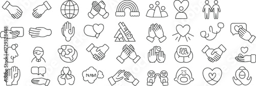 Empathy and connection icons, human interaction symbols, black and white line art, support and compassion graphics, minimal relationship visuals, unity care vector set