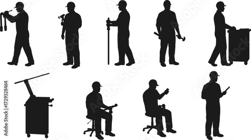 Silhouette collection of professional industrial workers in hard hats, in various poses, including using tools and machines for factory and labor concepts