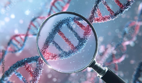 Magnifying glass examining a detailed blue and red DNA double helix structure, symbolizing genetic research and discovery in science.