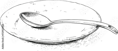 Silver spoon on plate, hand drawn sketch, kitchenware illustration