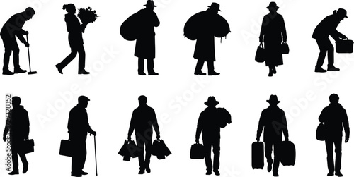 Silhouette people walking, carrying bags, luggage, shopping, travel, journey, mobility, lifestyle, business, elderly, suitcase, backpack, teamwork, crowd, commuter, tourism,