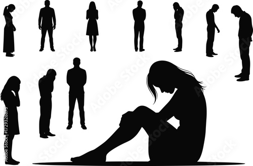 Silhouette people, emotional distress, mental health awareness, depression concept, anxiety illustration, sadness, loneliness, stress, despair, psychology, therapy, isolation,