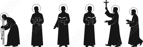 Silhouette religious monks, priests with halo, praying with rosary, reading bible, holding crucifix, spiritual devotion, holy worship, sacred faith illustration