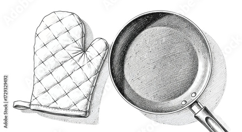 Sketched oven mitt and frying pan, kitchenware illustration