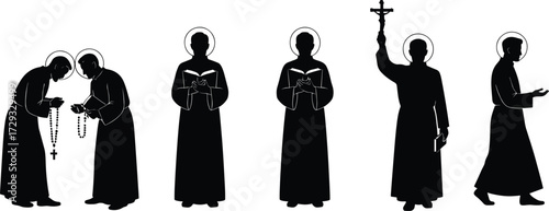 Silhouette religious figures, monks with halo, priests praying, reading bible, holding crucifix, spiritual devotion, holy worship, faith ceremony, sacred illustration