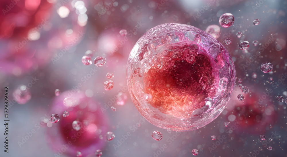 Naklejka premium Close-up view of vibrant pink cells with internal structures visible, surrounded by tiny water droplets and bokeh effects, suggesting a microscopic or biological context.