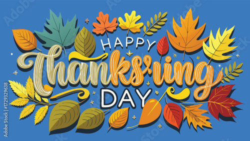 Vector realistic isolated typography logo for Happy Thanksgiving Day with autumn leaves for decoration and covering on the chalk background.