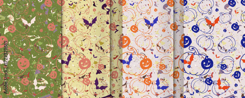 Convenient simple repeating Halloween seamless vector pattern of carved jack-o-lantern pumpkin faces with Bats and textured base