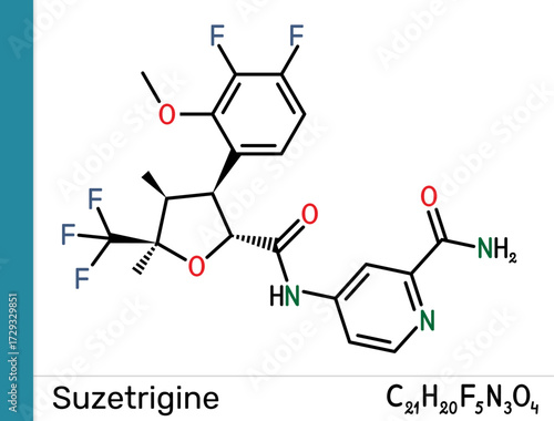 Suzetrigine molecule. Non-opioid analgesic, sodium channel blocker investigated for chronic and neuropathic pain treatment. Vector illustration