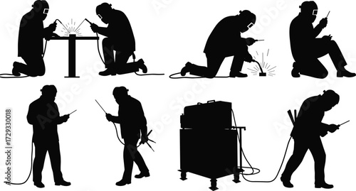 Silhouette collection of professional welders and craftsmen in various poses, including welding, kneeling, and walking for industrial and skilled labor concepts